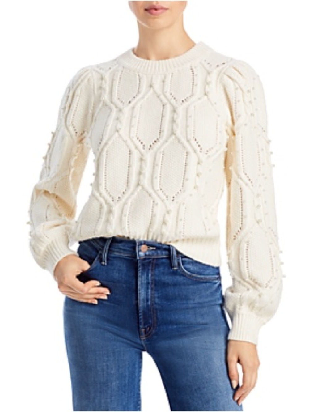 Aqua Cable-Knit Pearl Puff-Sleeve Sweater